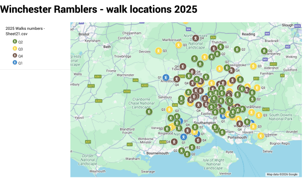Map showing the starting location of walks led by Winchester Ramblers across south-central England